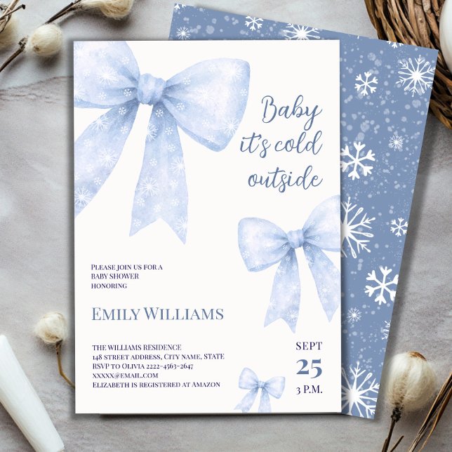Kallet Blå vattenfärgsruta utanför babyduschen Inbjudningar (Winter Baby Shower Invitation | Baby It’s Cold Outside Theme with Blue Snowflake Bows)