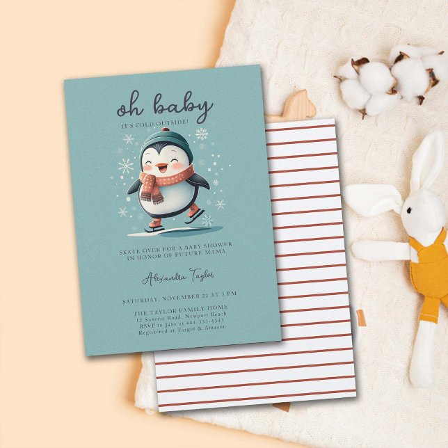 Kallet Cute Penguin Skates utanför Söt babyskor Inbjudningar (gender neutral winter baby shower invitation cute penguin skating sports adorable watercolor sweet)