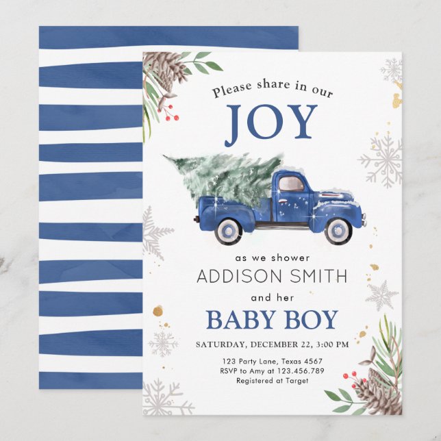 Kallet  Joy Baby Shower för Winter Lastbil utanför Inbjudningar (Fram/baksida)