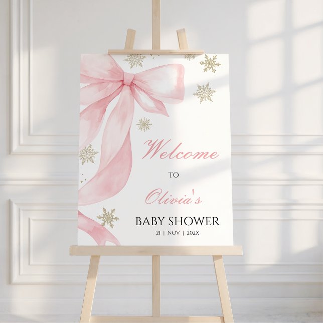 Kallet Rosa utanför babyvisningsprogrammet Välkoms Fototryck (Coquette Bow Baby Shower Welcome Poster baby It's Cold Outside, Bow Snowflakes Baby Shower Welcome )