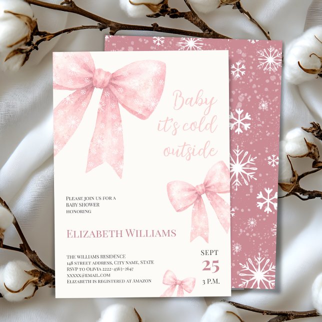 kallet rosa Vattenfärgsfält utanför babysknappen Inbjudningar (Winter Baby Shower Invitation | Baby It’s Cold Outside Theme with pink Snowflake Bows)