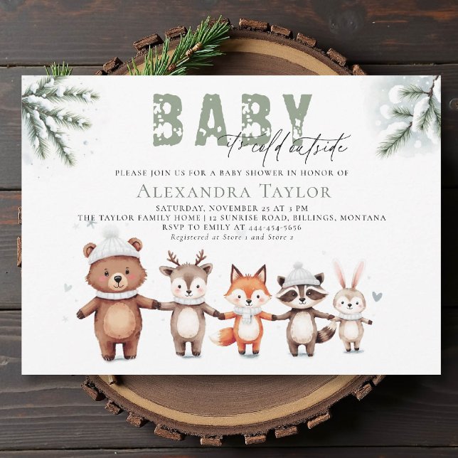 Kallet Skogsdjur utanför Winter Baby Shower Inbjudningar (winter baby shower invitation cold outside cute woodland animals watercolor snow pine watercolor)