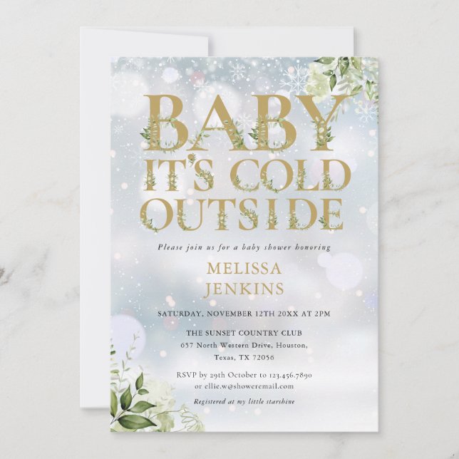 Kallet utanför Greenery Winter Guld Baby Shower Inbjudningar (Framsida)
