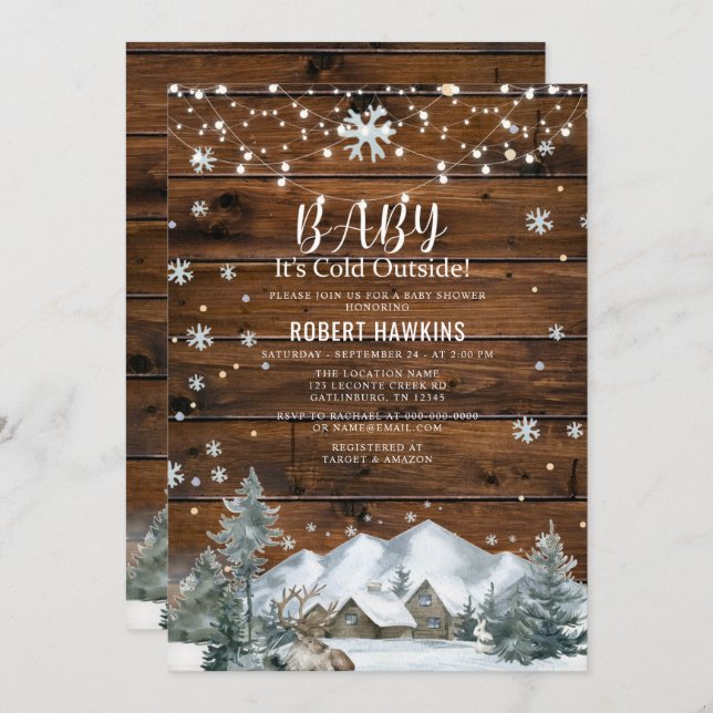 Kallet utanför Rustic Wood Winter Baby Shower Inbjudningar (Fram/baksida)