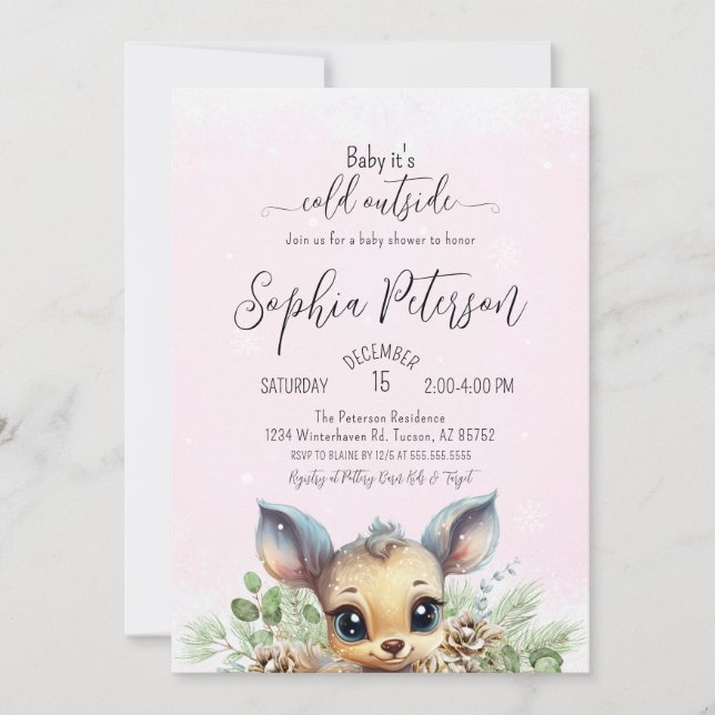 Kallet Vinter Snö utanför Rosa Babykläder, Hjort Inbjudningar (Framsida)