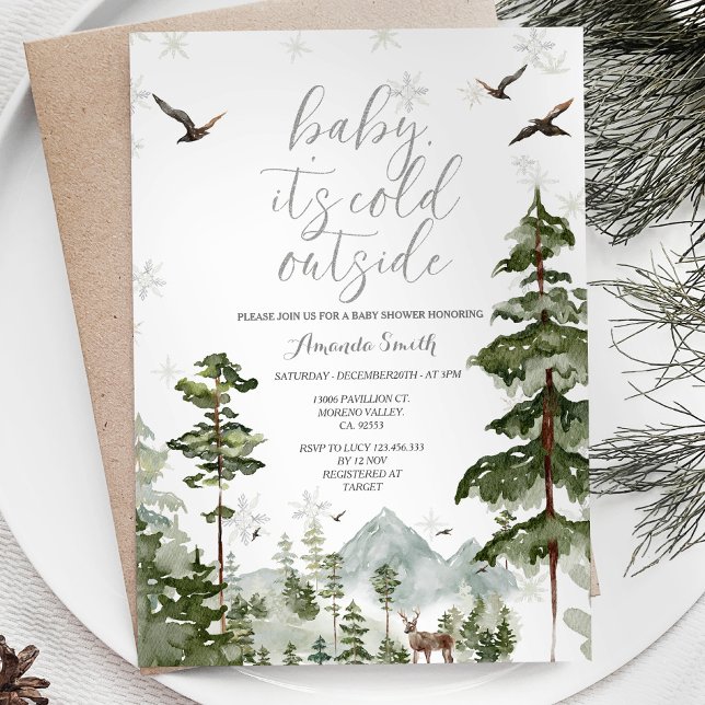 Kallet Winter Forest Gräs Träd utanför babyskaren  Inbjudningar (Skapare uppladdad)