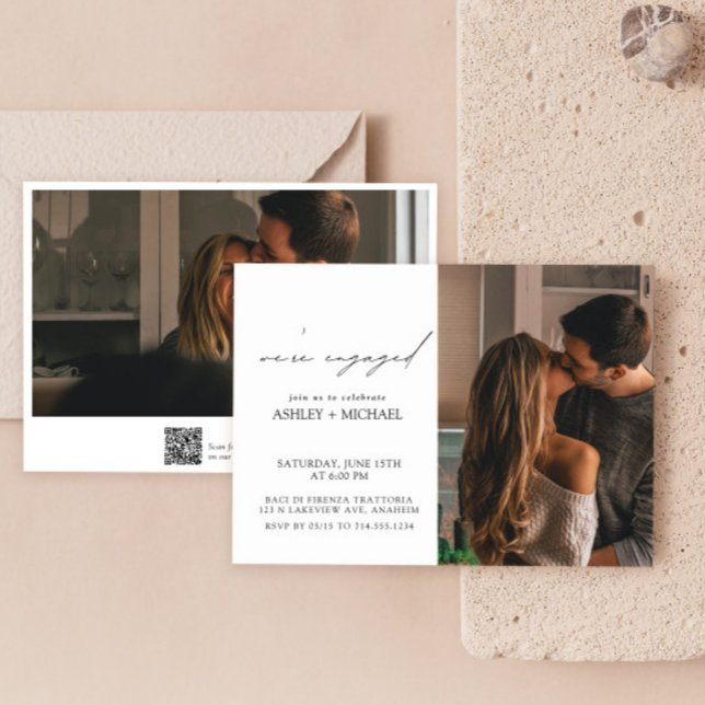 Kalligrafi 2 Foto QR-kodens Förlovningsfest Inbjudningar (Easily personalize this engagement party invite with your photos and deets!)