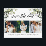 Kalligrafi 3 fotoeneri Spara datum Vykort<br><div class="desc">Modern kalligrafi Elegant Watercolor Greenery 3 Photo Save Date Bröllop Förlovning Announcement Postcard omfattar eukalyptus löv,  grönt botaniskt löv,  dammiga blå löv och andra vackra botaniska grejer.</div>