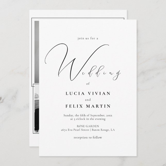 Kalligrafi 3 Photo Black & White Bröllop Inbjudningar (Fram/baksida)