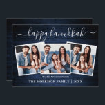 Kalligrafi 3 Photo Blue Wood Lycklig Hanukah Julkort<br><div class="desc">Modern Trendig Calligraphy Script 3 Photo Family Photo Collage Lycklig Hanukah Card - Rustic Land Blue Wood</div>