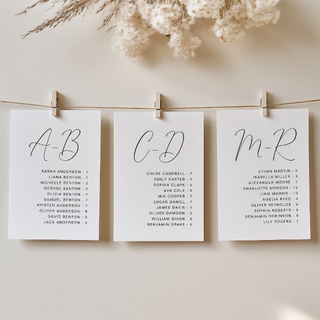 Kalligrafi Alfabetisk Bröllopsplatskort Inbjudningar (Elegant Calligraphy Alphabetical Wedding Seating Chart Card)