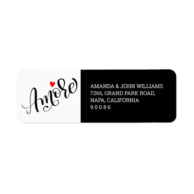 Kalligrafi Amore Black and White Returadress Etikett (Framsidan)