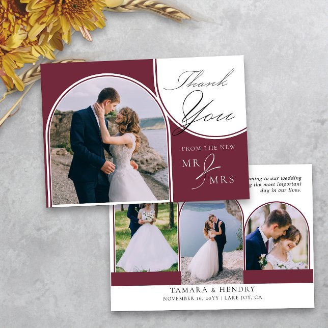 Kalligrafi av flerfoto-Elegant, burgundy Tack Kort (Arched photo burgundy wedding thank you card from my Wedding Colors collection)
