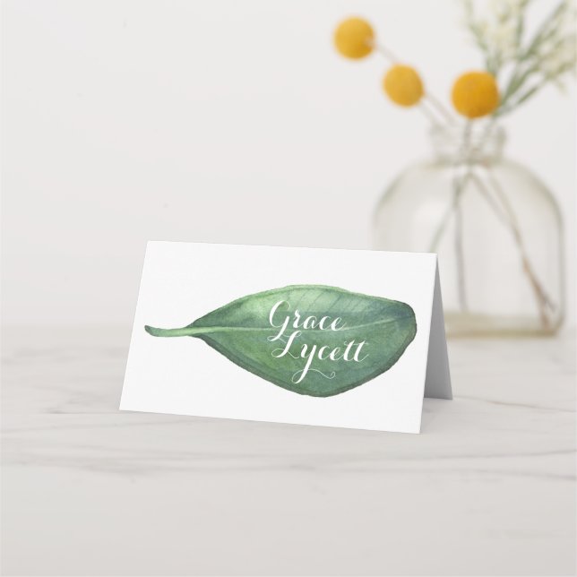 Kalligrafi av Löv i botaniskt vattenfärg Placeringskort (Framsida)