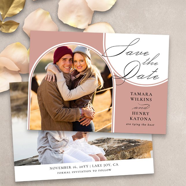 Kalligrafi av ro-Guld med fotfäst foto-Bröllop Spara Datumet (Arch photo save the date wedding announcement in rose gold from my Wedding Colors collection)