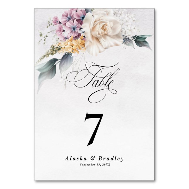 Kalligrafi av vattenfärgen Blommigt Modern Bröllop Bordsnummer (Framsidan)