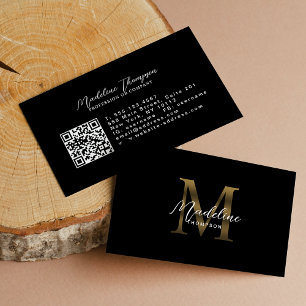 Kalligrafi Black Metallic Guld Monogram QR-kod Visitkort