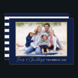 Kalligrafi Bläck och Hälsning Guld Blue Julkort<br><div class="desc">Modern minimalistisk elegance Calligraphy Bläck Pen Handskript Seas & Hälsning Photo Guld Ram Helgdag Card - Navy Blue & White Rand</div>