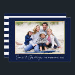 Kalligrafi Bläck och Hälsning Guld Blue Julkort<br><div class="desc">Modern minimalistisk elegance Calligraphy Bläck Pen Handskript Seas & Hälsning Photo Guld Ram Helgdag Card - Navy Blue & White Rand</div>