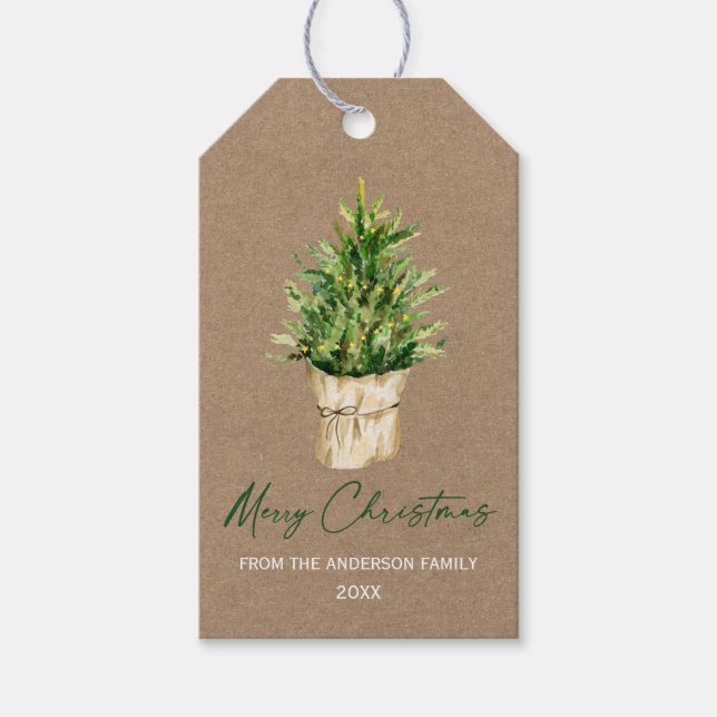 Kalligrafi Bläck Watercolor Träd Kraft Minimalist Presentetikett (Framsidan)