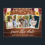 Kalligrafi Blommigt Wood Burgundy Spara datum Vykort<br><div class="desc">Modern Kalligrafi-skript,  Rustic Wood och String Ljus,  Watercolor Burgundy-Blommigt Spara datummeddelande om Förlovning par 3-fotovykort. Burgundy Rosor,  Rosa ros,  Röd ros,  solblommor och botaniskt grönt.</div>