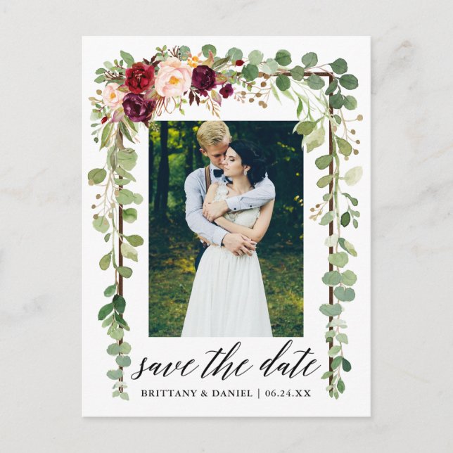 Kalligrafi Botanisk Blommigt sparar datumträ Meddelande Vykort (Framsida)