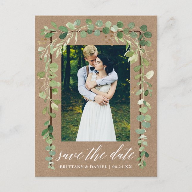 Kalligrafi Botanisk Spara Datum Trä Kraft Meddelande Vykort (Framsida)