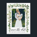 Kalligrafi Botanisk Spara Datum Träram Meddelande Vykort<br><div class="desc">Modern Kalligrafi Skrift,  Vattenfärg Botanisk Grön Eukalyptusblad ,  Träram,  Spara Datum Förlovningsannons Kopp Fotopostkort</div>