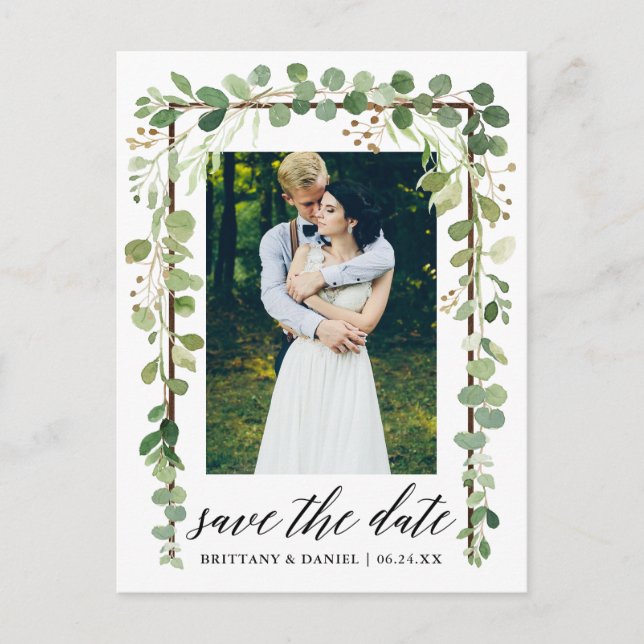 Kalligrafi Botanisk Spara Datum Träram Meddelande Vykort (Framsida)