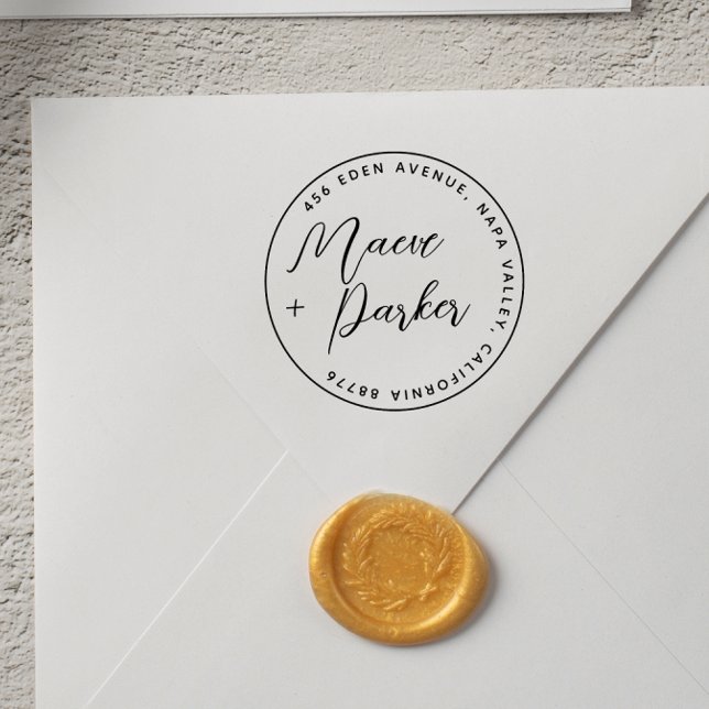 Kalligrafi Bröllop Namn & Round Returadress Självfärgande Stämpel (Rubber Stamp Mock-up)