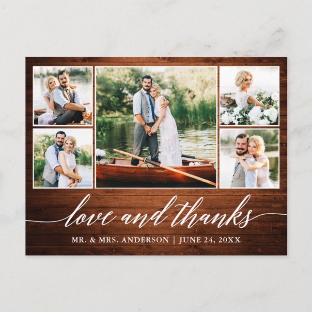 Kalligrafi Bröllop Trä 5 Foto Tack för Kärlek Vykort (Framsida)