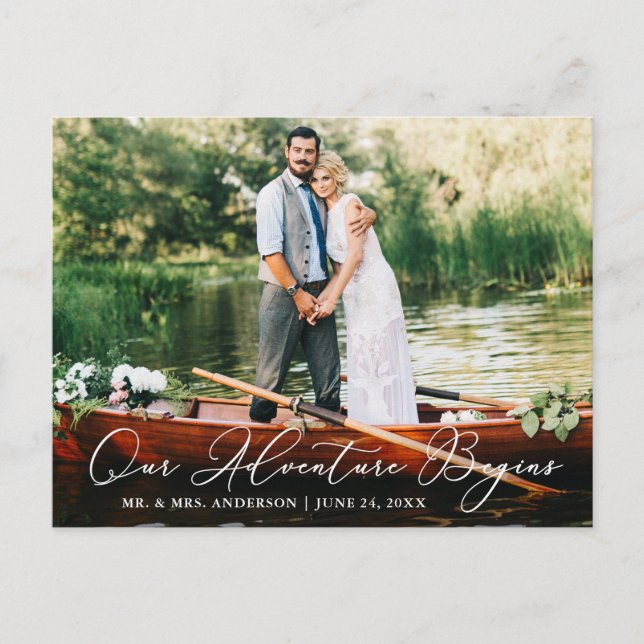 Kalligrafi Bröllop Vårt Äventyr Börjar Vykort (Framsida)
