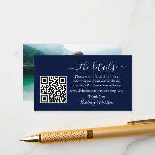 Kalligrafi Bröllopsdetaljer Webbplats QR Foto Blå Tilläggskort