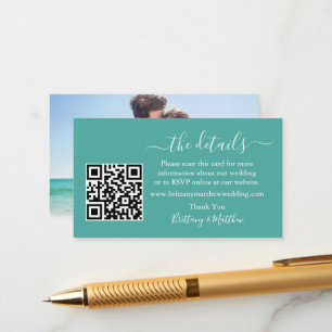 Kalligrafi Bröllopsdetaljer Webbplats QR Foto Teal Tilläggskort