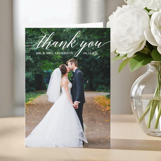 Kalligrafi Bröllopsfoto Elegant Vikt Tack Kort (Customize to add text or more photos to inside of card.)