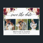 Kalligrafi Burgundy Blommig Spara Datum 3 Foto Meddelande Vykort<br><div class="desc">Modern Kalligrafi Skrift,  Akvarell Burgundy Blommig,  Spara Datum Förlovningskungörelse Par 3 Foto Postkort</div>