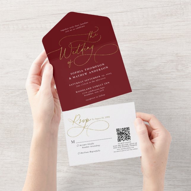 Kalligrafi Burgundy Guld QR-kod Bröllop (Avrivbar del)