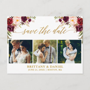 Kalligrafi Burgundy Save The Date 3 Foto Guld Meddelande Vykort