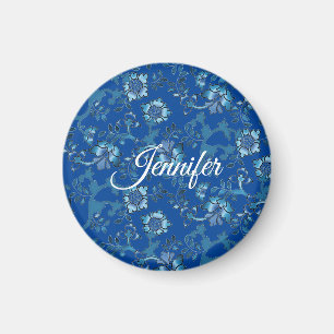 Kalligrafi Elegant Blommig Blå Anpassat Namn Magnet