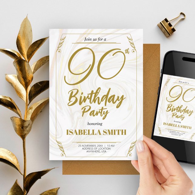 Kalligrafi Elegant Modern Guld 90:e födelsedag Inbjudningar (90th Birthday Party Elegant Modern Gold Invitation, Bday Invite)