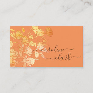 Kalligrafi Elegant Peach Coral Blommigt Golden Gul Visitkort