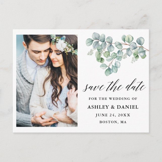 Kalligrafi Eucalyptus Löv Spara datum Vykort (Framsida)