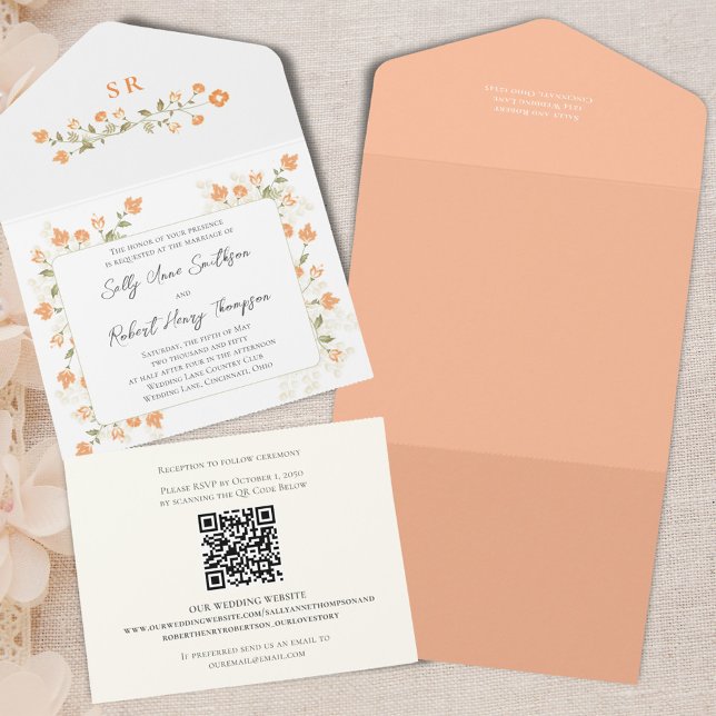 Kalligrafi för Blommigt av persiko-beställning i e (Elegant peach floral wedding all-in-one style invitation. )
