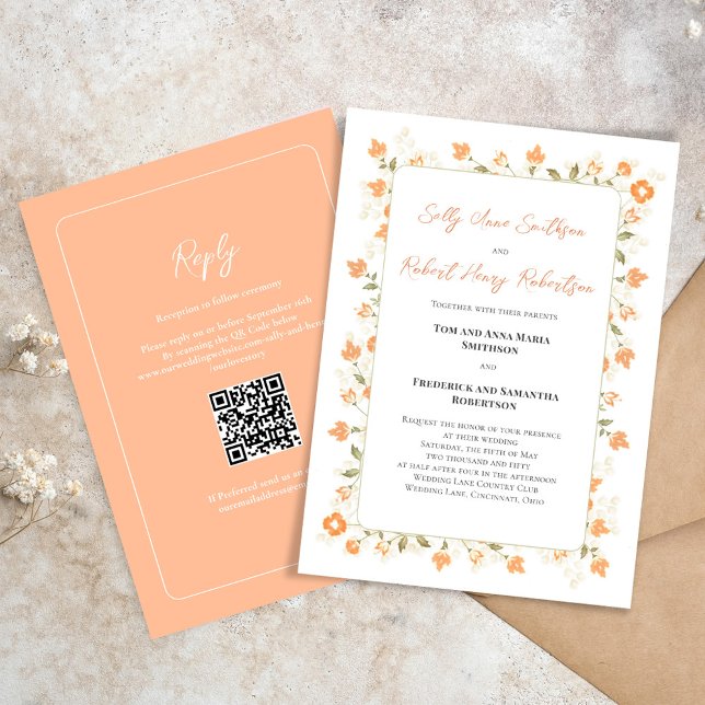Kalligrafi för Blommigt av persiko-beställning i e Inbjudningar (Elegant peach floral wedding invitation with RSVP and QR code on the backside. )