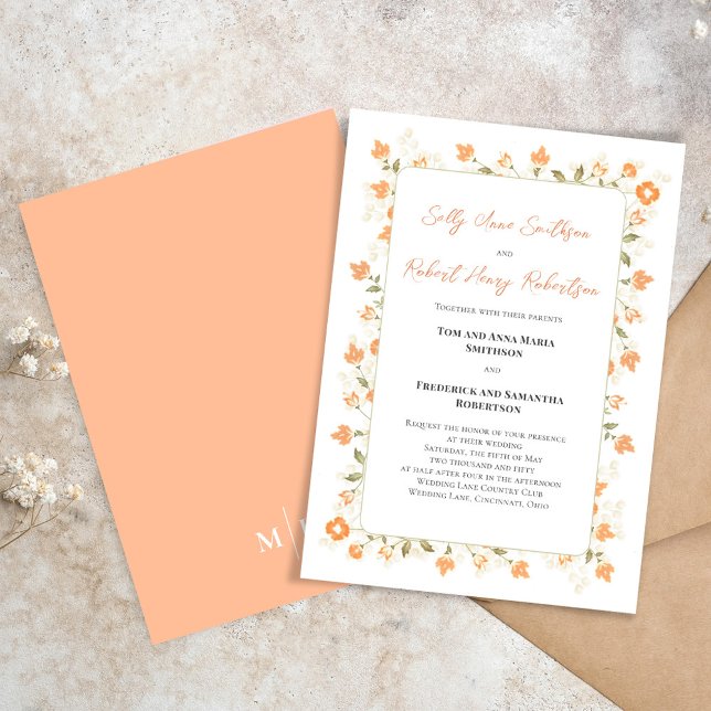 Kalligrafi för Blommigt av persiko-beställning i e Inbjudningar (Elegant peach floral wedding invitation with a monogram on the backside. )