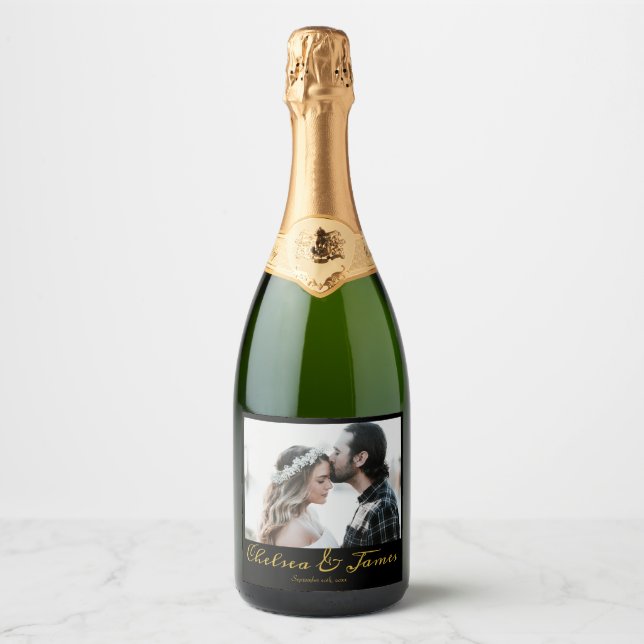 Kalligrafi Foto Svart & Guld Gnistrande Vin Bröllo (Framsida)