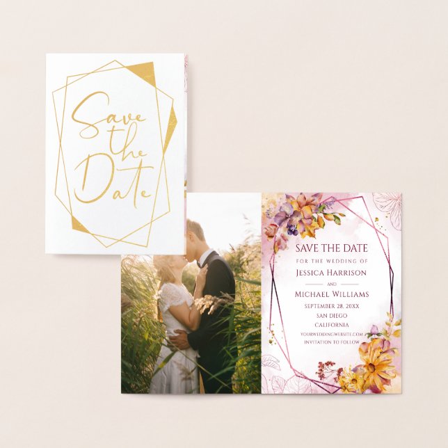 Kalligrafi Geometric Marsala Photo Save Date Folierat Kort (Display)