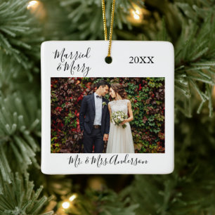 Kalligrafi, gift och Merry Photo Bröllop Julgransprydnad Keramik