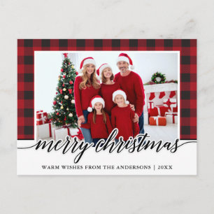 Kalligrafi God Jul Familjefoto Röd Plaid Vykort