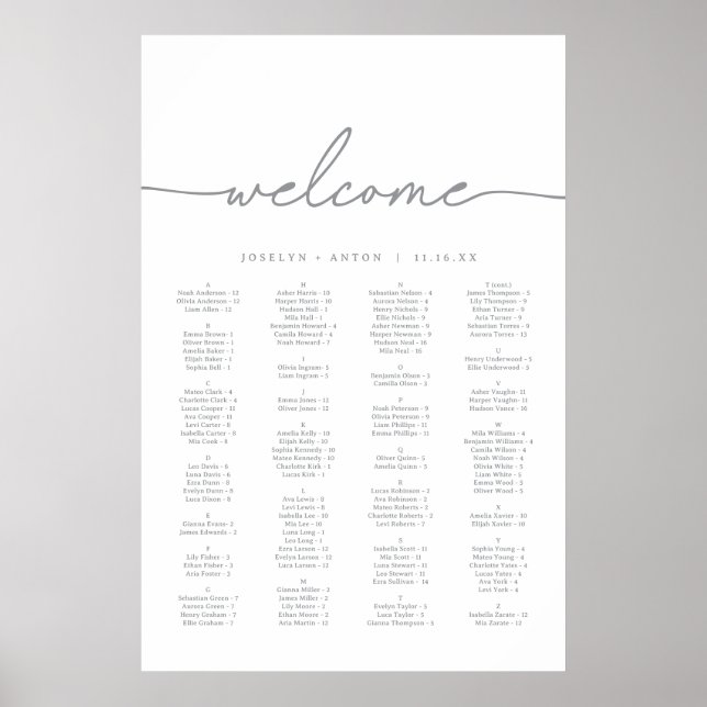 Kalligrafi Grå Chic Bröllopsplatskarta Poster (Framsidan)